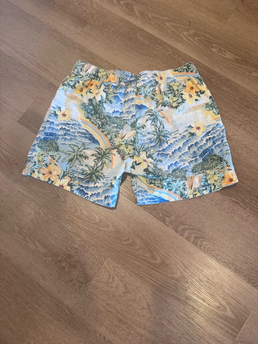 Marine Layer Tropical Print Swim Trunks in Blue, Yellow & Green